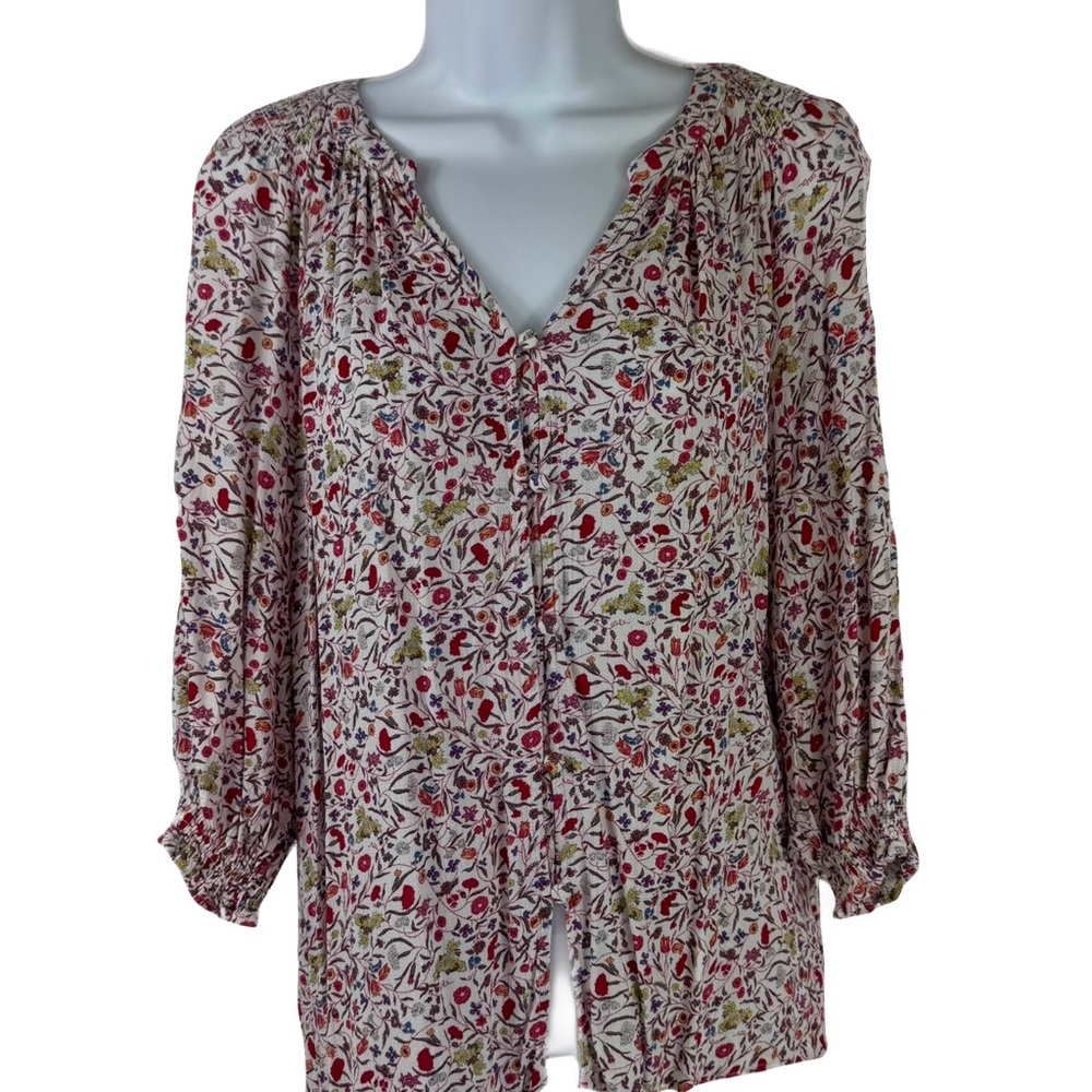 Cynthia Rowley floral print peasant blouse v-neck button front string tie Lg EUC